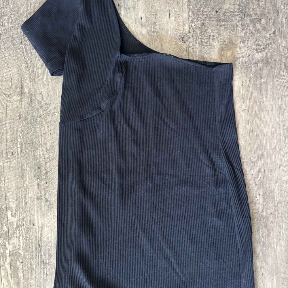 Zara Black Ribbed One-Shoulder Bodycon Dress Size Large - Picture 2 of 4